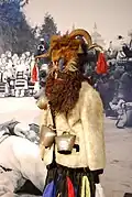 Праздничный костюм, состоящий из овчинного тулупа и маски с рогами. Экспозиция Сельского музея Марамуреша, Сигету-Мармацией.