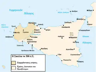 Сицилия около 380 года до н. э. (тёмной заливкой отмечены карфагенские владения)