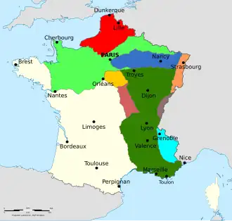 Карта оккупации Франции союзными державами
Зона Британской оккупации
Зона Прусской оккупации
Зона Российской оккупации
Зона Саксонской и Баденской оккупации
Зона Баварской оккупации
Зона Вюртенбергской и Гессенской оккупации
Зона Швейцарской оккупации
Зона Сардинской оккупации
Зона Австрийской оккупации