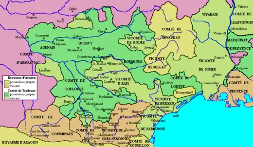 Сеньория Кастр в составе графства Альби среди окситанских владений в 1209 году