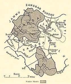 Княжеские государства на холмах Шимла, Биласпур на юге, граничащие с Сатледж (1911 год)