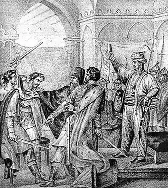 Борис Чориков «Распря русских князей в Золотой Орде за ярлык на великое княжение» (иллюстрация из книги для детей 1836 года «Русская история в картинах»)