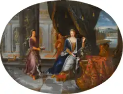 Портрет знатной дамы в экзотическом интерьере на фоне пейзажа.