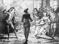 Итальянские комедианты. Бумага, тушь, перо, кисть. Лувр, Париж