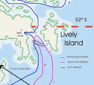 Эскиз, изображающий погоню за аргентинским береговым судном «Монсунен» британскими фрегатами (на английском).