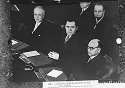 Слева направо: В. А. Зорин, А. А. Громыко, А. А. Солдатов в составе советской делегации на Конференции министров «большой четвёрки». Женева, 12 мая 1959 года