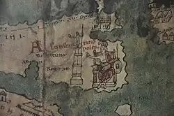 Персонификация Константинополя на «Пейтингеровой карте» (римская дорожная карта ок. IV в.) в средневековой копии XII—XIII вв. Подпись сделана чернилами лат. rubrum, которыми императоры-ромеи подписывали документы