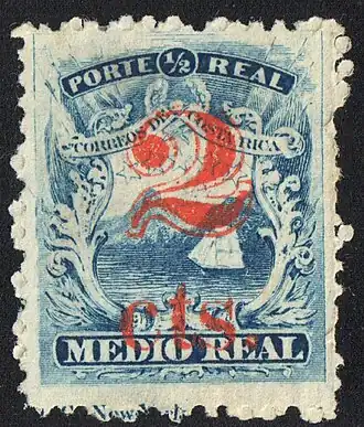 1881: надпечатка «2 cts.» («2 сентаво») на марке 1863 года в ½ реала[англ.]