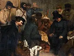 Левая часть картины. Изображены: Гюстав Курбе, Альфред Брюйа, Пьер Жозеф Прудон, Шанфлёри, Шарль Бодлер