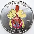 Реверс кубинской медно-никелевой монеты 2001 года, жёлтая орхидея из серии «Флора Кубы»