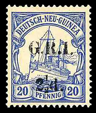 20 пфеннигов. Британская надпечатка «G. R. I.» (от лат. «Georgius Rex Imperator» — «Георг, король и император») (1914)