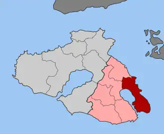 Карта общины: 1 — Митилини 2 — Айясос, Ера, Лутрополис-Термис, Пломарион, Эверьетулас