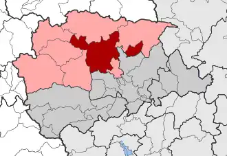 Карта общины: 1 — Каламбака 2 — по часовой стрелке снизу: Клинон, Аспропотамос, Кастанея, Малакасион, Хасия, Тимфея, Василики