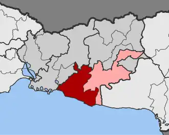 Община Марония-Сапе на карте периферийной единицы Родопи: — Марония — Сапе