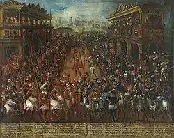 Турнир в Аугсбурге. Раскрашенная гравюра из «Книги турниров»[англ.] Георга Рюкснера[нем.], середина XVI в.