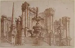 Проект сцены «Полуциркульные архитектурные руины, фонтаны и обелиск». Между 1657 и 1743. Бумага, перо, кисть, сепия. Метрополитен-музей, Нью-Йорк