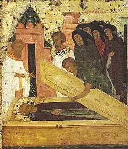 Погребение Димитрия в поставленной им церкви (на заднем плане). Клеймо 12