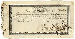 Акция Общества эксплуатации парижской Диорамы на 1000 франков, выпущенная 3 августа 1822 года, подписанная в оригинале двумя изобретателями и директорами-основателями Шарлем Мари Бутоном и Луи Дагером