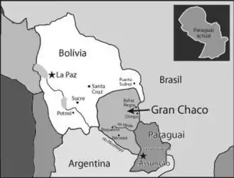 Боливия и Парагвай перед началом войны; светло-серым цветом выделена спорная территория Чако