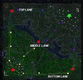 Карта с указанием тропинок, а также баз и башен Sentinel и Scourge