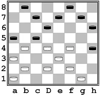 Последний ход белых был c3-d4, в ответ черные должны взять шашкой а5, например - a5:c3:el:g3:e5:c3. На поле с3 черная простая, превратившаяся в дамку, должна остановиться, так как через шашку b4 или d2 второй раз перескакивать нельзя. Если же черные побьют другим путем, т. e. a5:c3:e5:g3:e1:с3, то опять черная шашка должна остановиться на поле с3. В ответ белые играют b2:d4:b6:d8:f6:h8