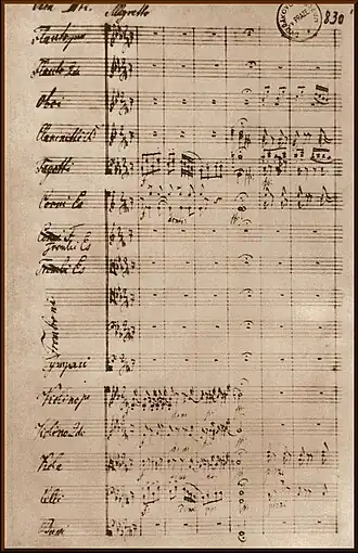 Начало третьей части симфонии (Allegretto) в автографе