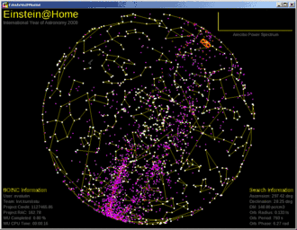 Скриншот программы во время расчета. Белые точки — основные звезды звездного неба, входящие в состав созвездий; фиолетовые точки — известные радио-пульсары; темно-красные точки — остатки сверхновых; оранжевый прицел — исследуемая область неба; красные, зеленые, синие и серые отрезки — гравитационные детекторы