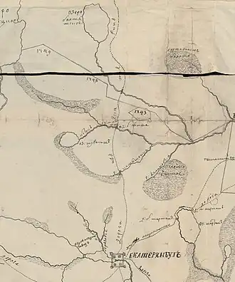 Деревни Большая и Малая Пышма на карте 1754 года (в масштабе 5 вёрст в дюйме).