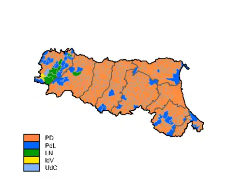 Оранжевый — Демократическая партия, синий — Народ свободы, зеленый — Лига Севера, желтый — Италия ценностей, голубой — Союз центра