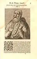 Гравюра Св. Иустина Философа в книге Андре Теве «Les Vrais Pourtraits et Vies Hommes Illustres», 1584.