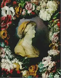 Портрет неизвестной в обрамлении гирлянды цветов.