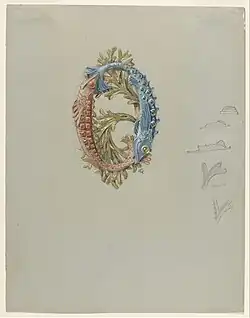 Пряжка для ремня с двумя рыбами и водорослями 1900. Акварель, гуашь. Смитсоновский музей дизайна Купер Хьюитт, Нью-Йорк