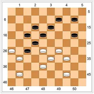 # 26-21 17x46. # 28x19 46x14. # 29-23 14x29 (это и есть Турецкий удар, бить в конце поле 33 нельзя, на 38 стоит белая шашка. Если бы её можно было убрать прямо во время хода, то поле 33 пересечь было бы можно). # 33x31+