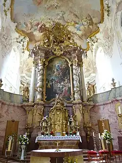 Главный алтарь церкви Вознесения Девы Марии. 1741—1745. Дерево, окраска, золочение. Монастырь Фюрстенцелль, Нижняя Бавария