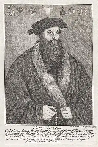 Поясной портрет паломника Петера Фюссли, эмблемы в верхней части относятся к станциям паломничества. (Цюрих ок. 1770 г.)