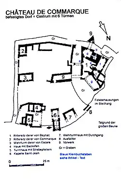 1. Дом Бейнаков; 2. Дом Коммарков; 3. Башня Escars; 4. Дом с печью; 5. Дом у башни; 6. Часовня Сен-Жан; 7. Башня с переходом; 8. Ворота; 9. Равелин; gr = рвы