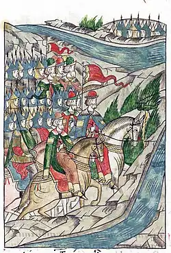 Дмитрий Донской на пути к Куликову полю. Лицевой летописный свод. XVI в.
