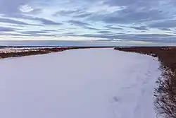 Вид в сторону устья с моста через нижнее течение Токати в феврале 2020 года