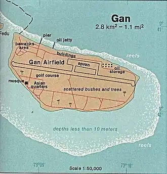 Карта атолла острава Ган 1976 года с изображением аэродрома