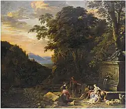 Итальянский пейзаж с пастухами у фонтана. 1654. Холст, масло. Частное собрание