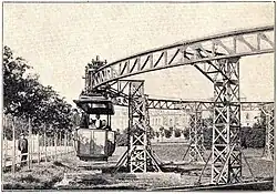 Подвесная демонстрационная дорога-монорельс Ипполита Романова на лугу между Балтийским вокзалом Гатчины и Дворцом, 1900 год.