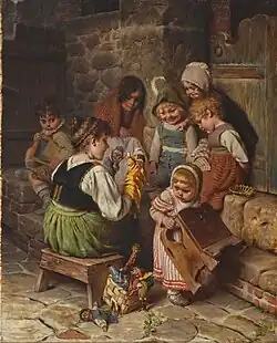 Театр Панча и Джуди. Шестеро детей собрались вокруг маленького кукловода. Дерево, масло. Частное собрание