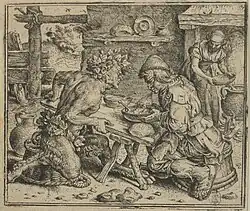 Сатир и крестьянин. Иллюстрация. 1567. Офорт