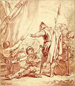 Группа солдат, стоящих справа и смотрящих, как один из них разговаривает с моряком. Гравюра в карандашной манере по рисунку сангиной Ш.-А. Ван Лоо. Между 1756 и 1776. Британский музей, Лондон