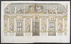 Стена Галереи Фарнезе в Риме. Раскрашенный офорт. Композиция росписей Аннибале Карраччи