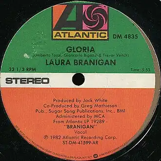 Обложка сингла Лоры Брэниган «Gloria» (1982)