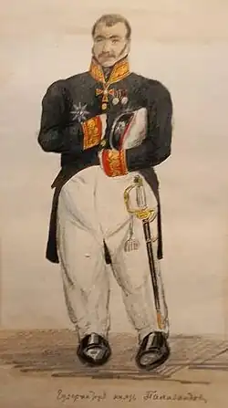 Рисунок в альбоме карикатур «Тридцатые годы», подписанный «Губернаторъ князь Палавандовъ»