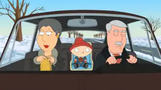 Промокартинка. Стьюи удивлен тем, что Картер спит за рулем автомобиля.