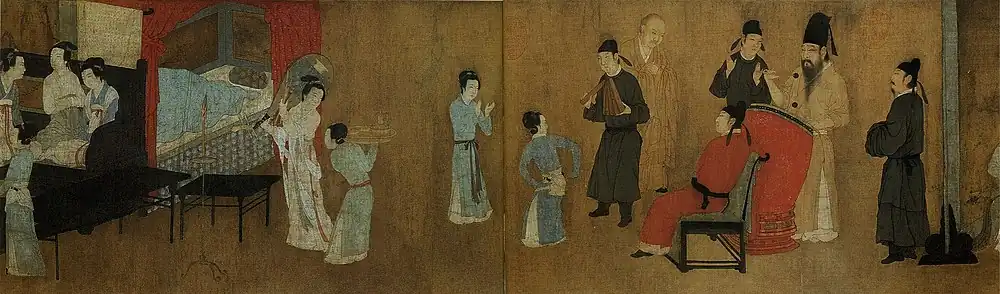 Выступление танцовщицы. Для придания большей скандальности в сцене изображён буддийский монах.