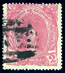 2 реала (Sc #12), погашенная овальным номерным почтовым штемпелем «6» (в Кесальтенанго)